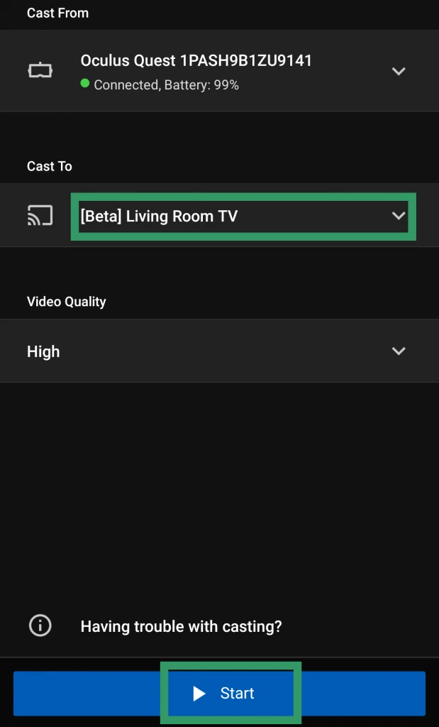 Select the TV you want to stream, select video quality and hit 'Start'