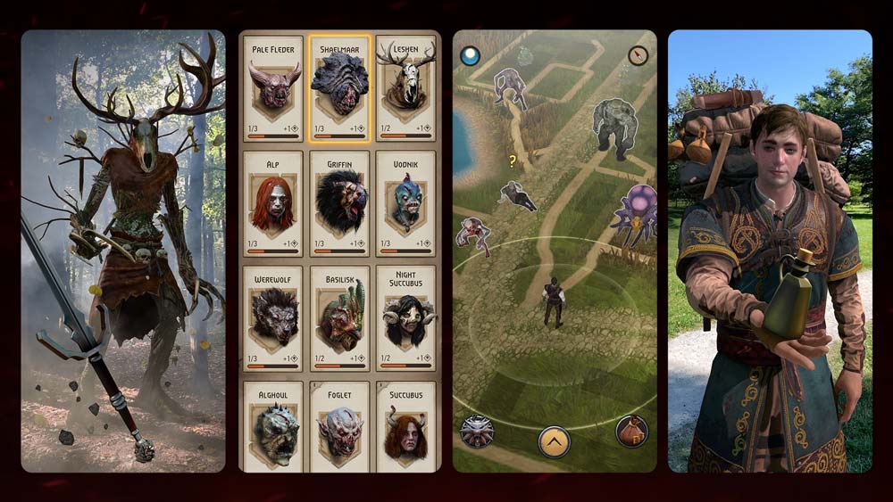 Взгляните на различные игровые элементы The Witcher: Monster Slayer: боевой режим AR, карты противников, игровую карту и, очевидно, дилера. | Изображение: CD-проект