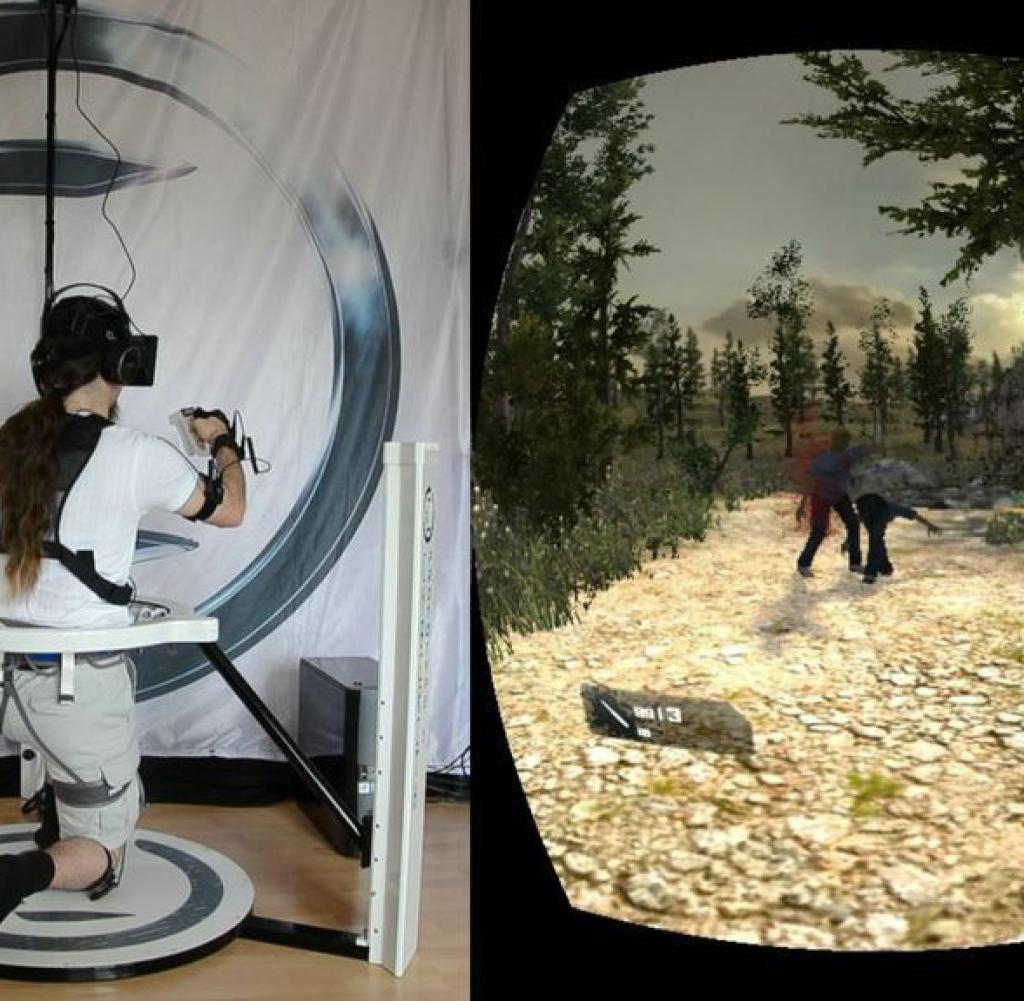 In the 360-degree treadmill, the player can transfer his movements into a game.