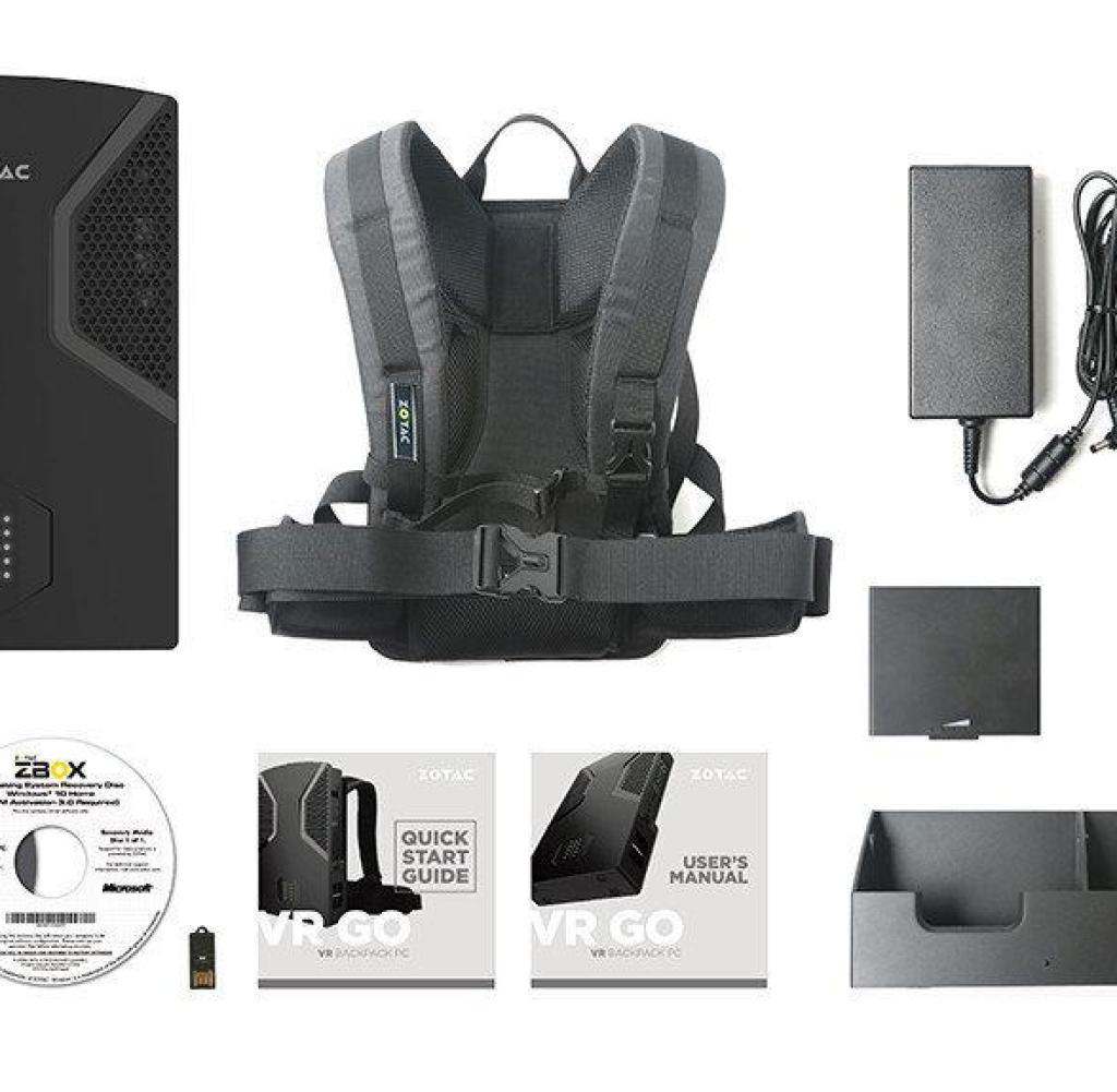 The scope of delivery of the Zotac VR Go Backpack PC consists of the actual PC, a carrying frame, a power supply, driver CDs, manuals and the charging station for the batteries