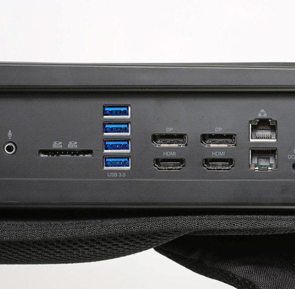 On the side, the device has a headset port, a memory card reader, four USB 3.0 jacks, two DisplayPorts, two HDMI ports and two network jacks