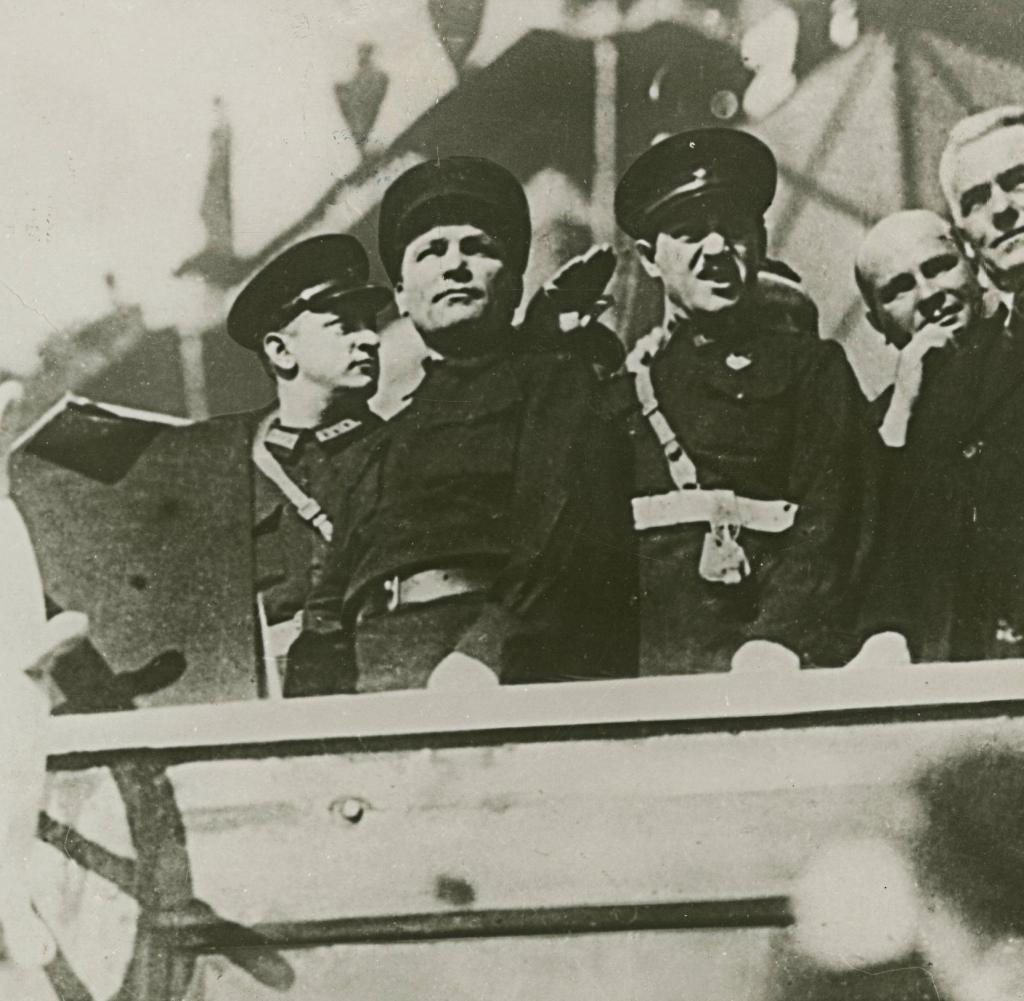 Soviet Union / Labor Day on May 1, 1931. May Day rally in Leningrad. In the stands: General Mikhail N. Tukhachevsky (1.from left.), Sergei Mironovich Kirov, Leningrad Party Secretary of the CPSU (2nd from left).) and Wilhelm Pieck, Kommunistische Partei Deutschlands (KPD) (2nd from right).). Photo.