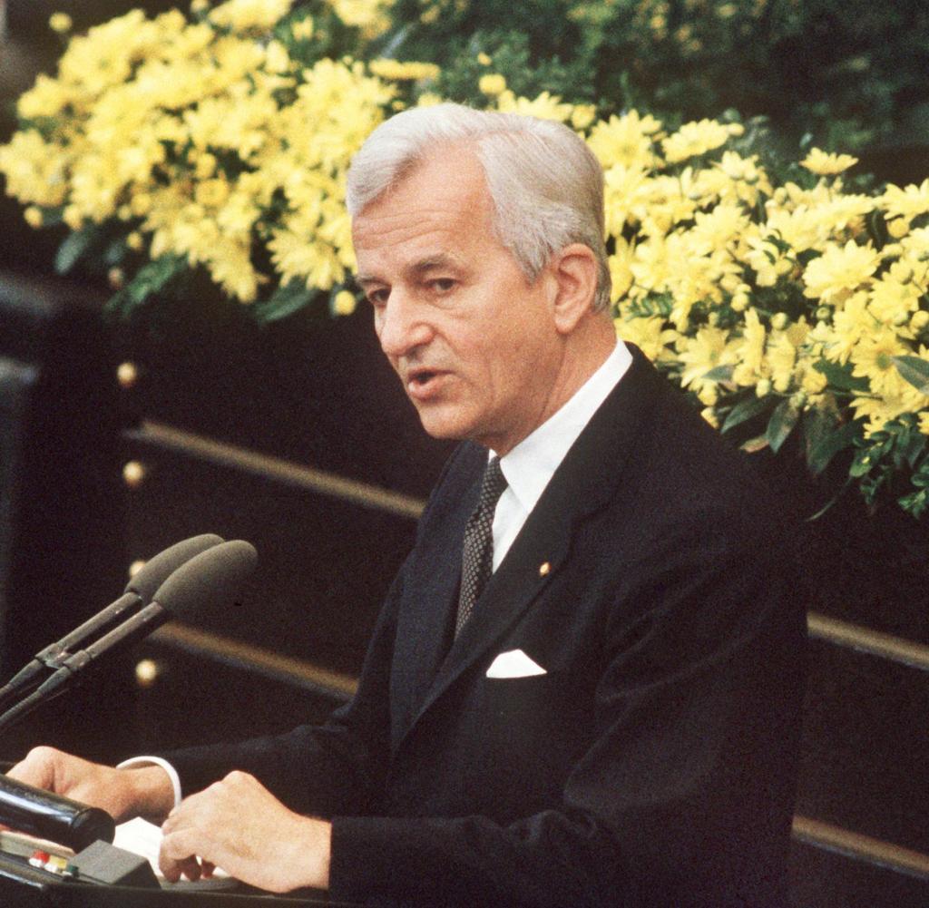 The German Federal President Richard von Weizsäcker at his widely acclaimed speech in the Bonn Bundestag on 8.5.1985 during the celebration of the end of the Second World War 40 years ago.