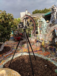 A light field camera outside a mosaic house in Venice, California.